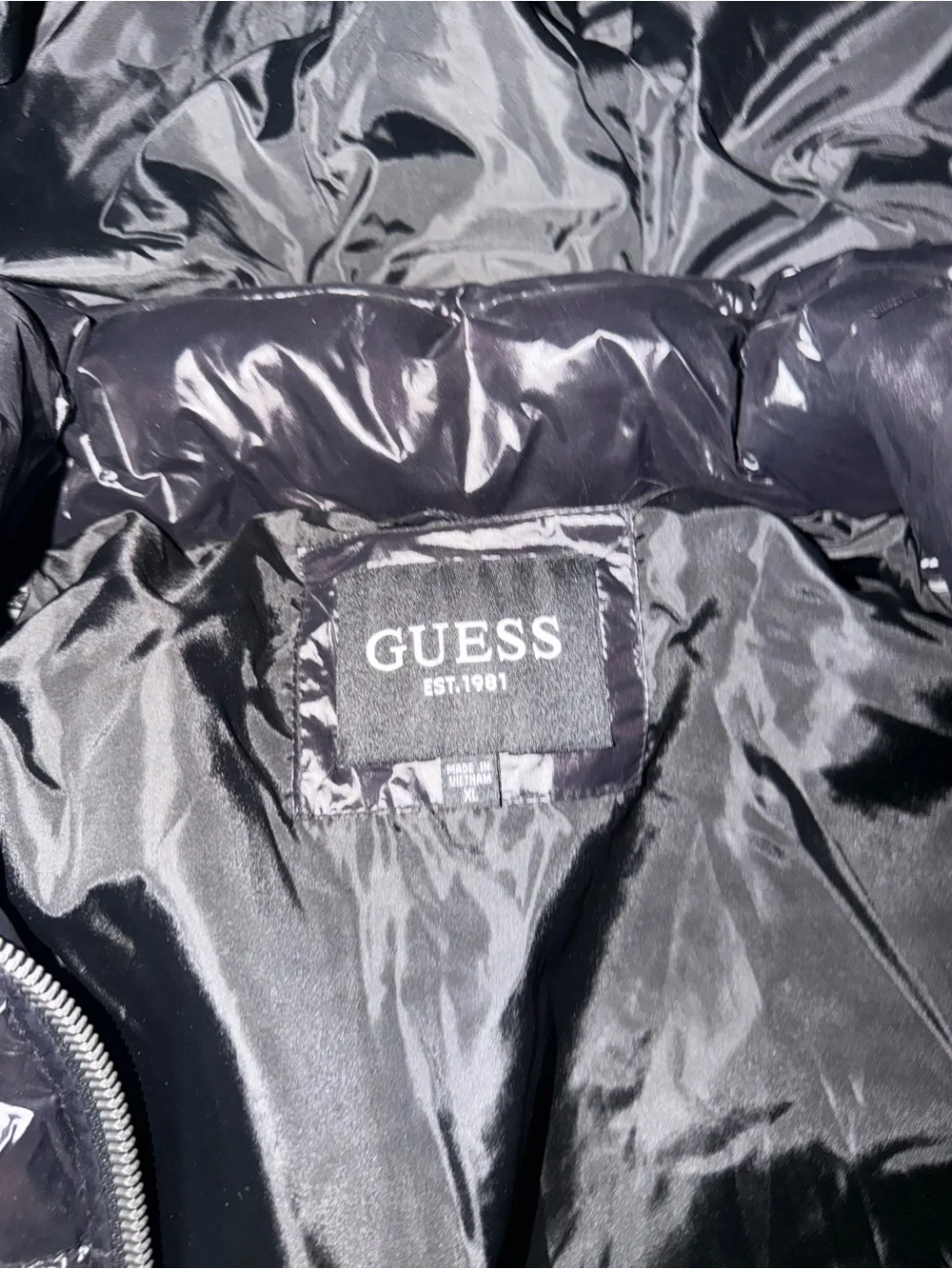 Guess Men’s Shiny Black Puffer Jacket with Hood and Zip